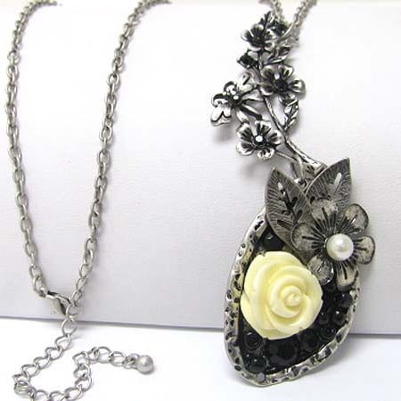 Yellow Faux Pearl - Vintage Style Yellow Rose with Faux Pearl Pendant 30