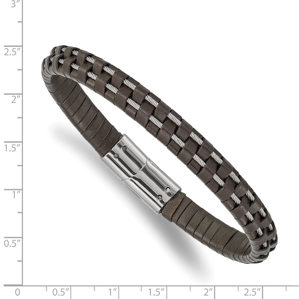 Diamond2Deal Stainless Steel Polished Cable and Brown Leather Bracelet for Men 8.75"
