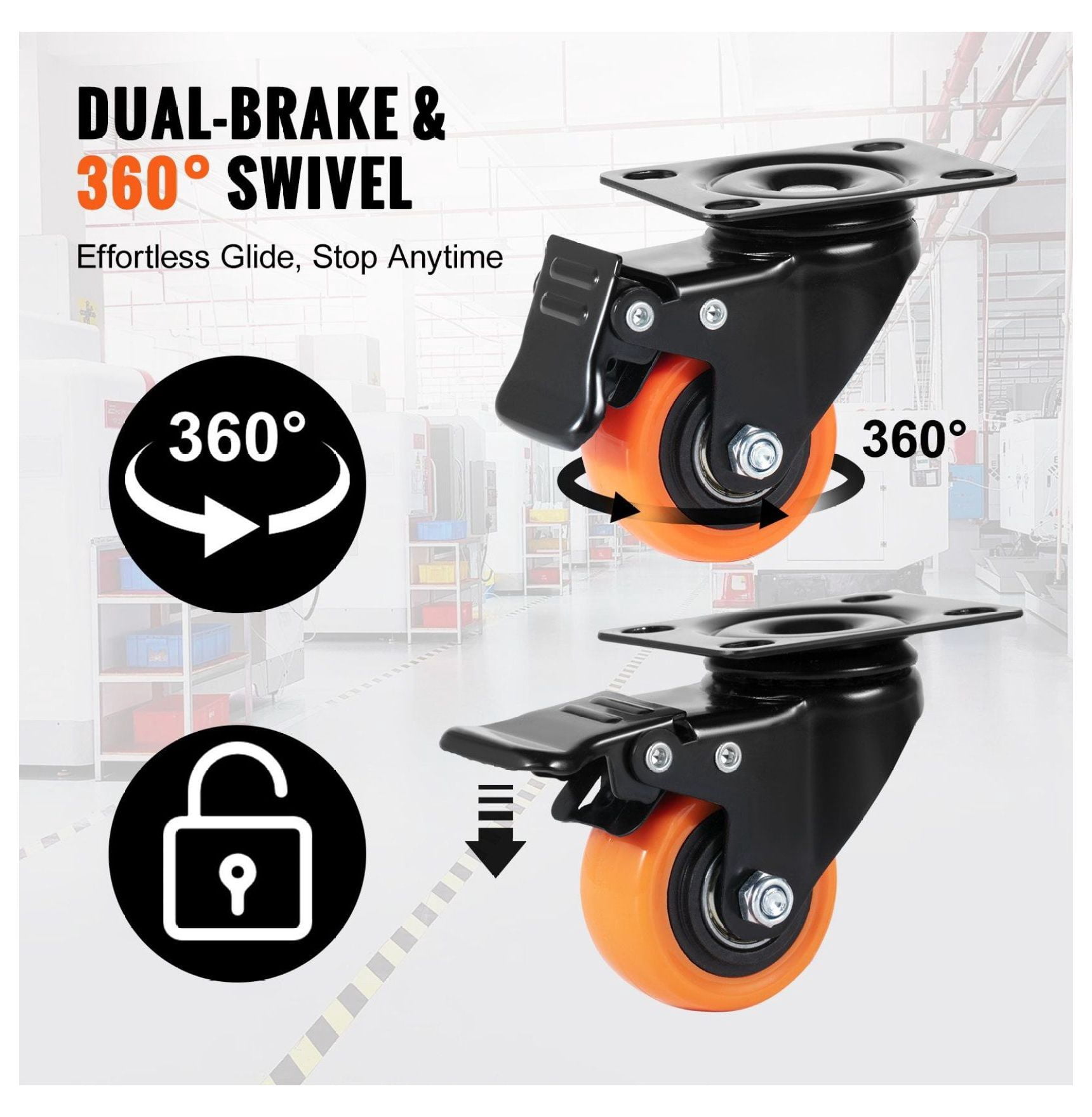 Caster Wheels 2 Inch - Set of 4 Swivel Plate Casters, 150lbs Capacity, Dual Locking, No Noise PVC Wheels for Furniture, Carts & Workbenches