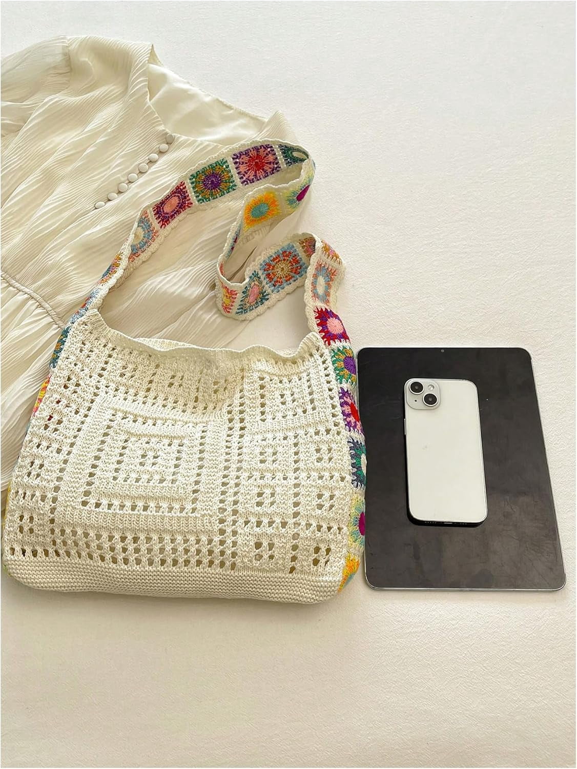 CAILDANL Women's Boho Embroidery Crossbody Bag Hollow Out Crochet Knit Shoulder Bag Tote Handbag