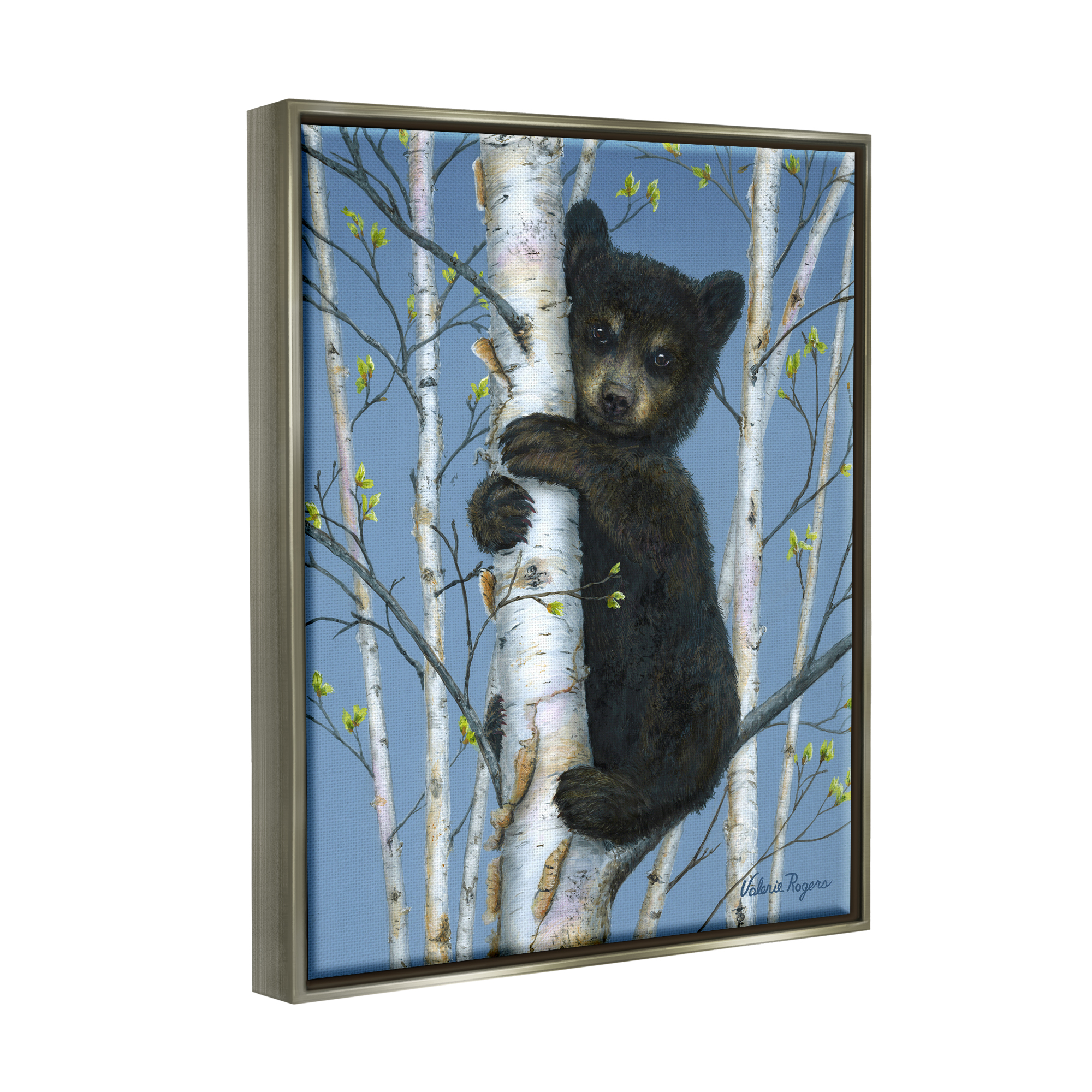 Stupell Industries Bear Cub Climbing Birch Tree Animals & Insects Painting Gray Floater Framed Art Print Wall Art