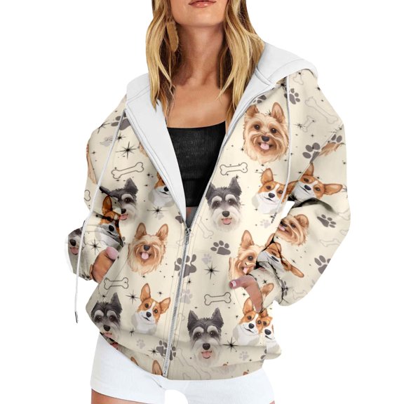 Women Dog Cat Graphic Zip Up Hoodie Loose Fit Pullover Sweatshirt Pet Lover Hooded Jacket Top