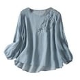 thumbnail image 2 of Yourumao Women's Embroidered Blouse Cotton Linen Puff Long Sleeve Crew Neck Peasant Boho Top Casual Loose Button-Down T Shirts, 2 of 4