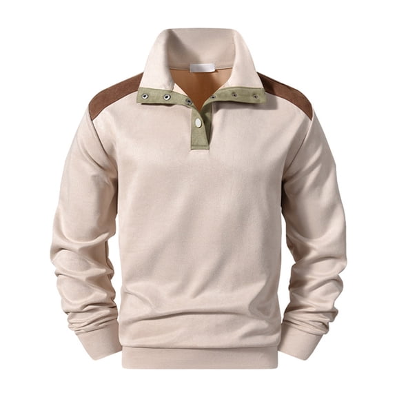 Timoontee Men Collar Sweatshirt Button Patchwork Shoulder Long Sleeve Pullover Casual Outdoor Sweat Top Yellow S