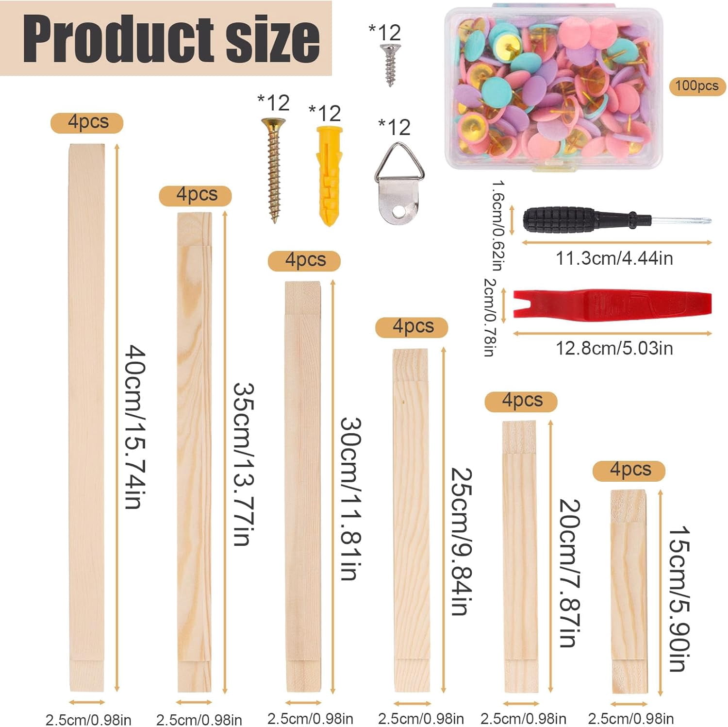 12‑Set Wooden Hoop Bars for Needlepoint – 6 Sizes with 100 Push Pins, Canvas Stretching Frame Kit for Cross Stitch, Quilting, Embroidery & Craft Art Supplies(C)