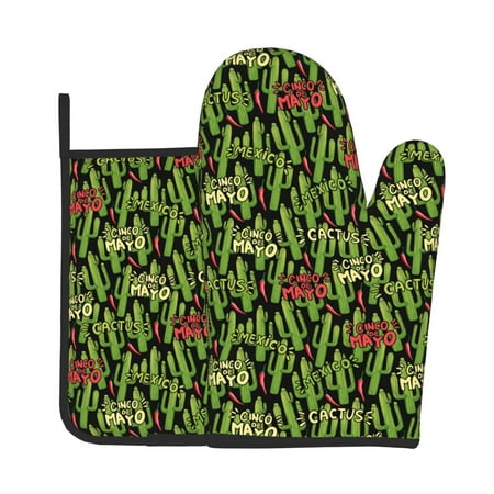 

Zeuib Green Cacti And Red Chili Print Oven Mitt & Pot Holder Set 2-Pack Kitchen Gloves and Hot Pads for Cooking BBQ Grilling Baking
