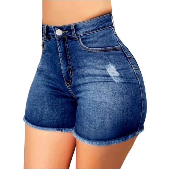 Women's Denim Shorts High Waist Ripped Distressed Frayed Hem Jeans Stretchy Skinny Fit Summer Hot Pants with Pockets