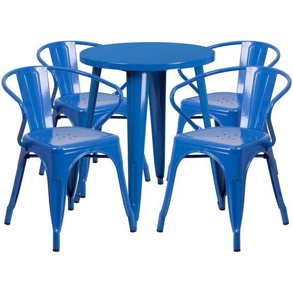 Flash Furniture Chauncey Commercial Grade 24" Round Blue Metal Indoor-Outdoor Table Set with 4 Arm Chairs
