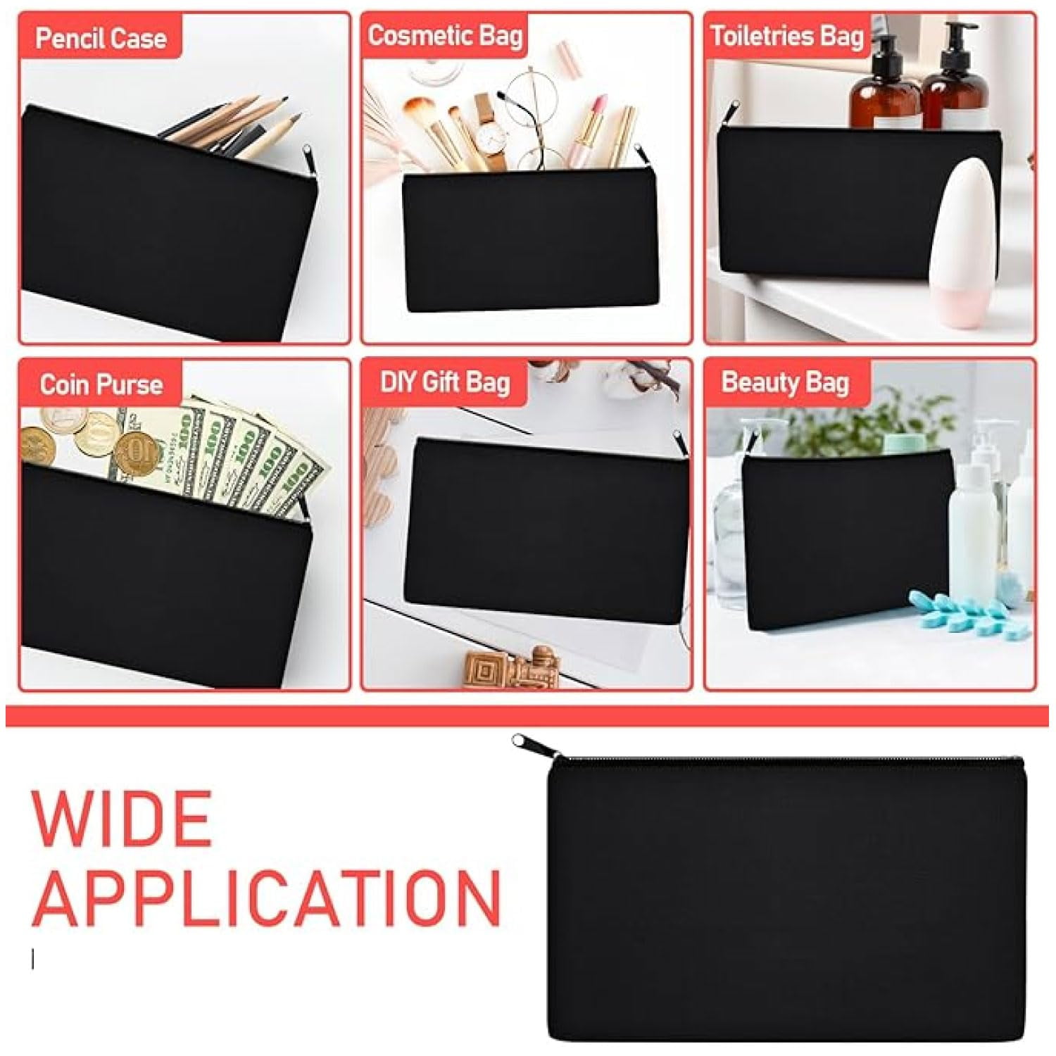 100 Pack of Bulk Wholesale Solid Color Zippered Pencil Cases for Pens, Pencils, Markers, Crayons and Stationary Writing Supplies in Black