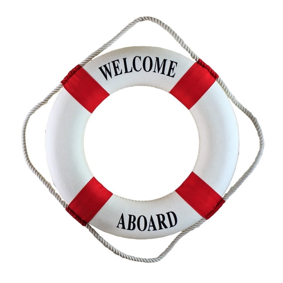 Nautical Welcome Aboard Foam Life Ring Wall Hanging Ornament, Red Striped Decorative Lifebuoy for Beach Pool Boat Coastal Home Indoor Outdoor Wall Decor Supplies