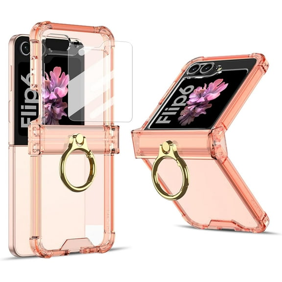 for Samsung Galaxy Z Flip 6 Case Ring, with Hinge Protection & Back Screen Protector & Ring Kickstand, Clear Elegant Shockproof Cover for Woman Girl - Orange