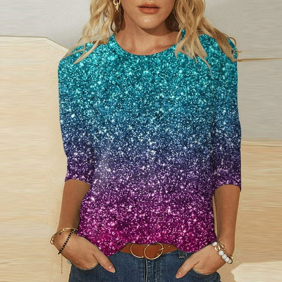 Aloohaidyvio Tops for Womens,Womens Fashion Printed T-Shirt 3/4 Sleeves Blouse Round Neck Casual Tops