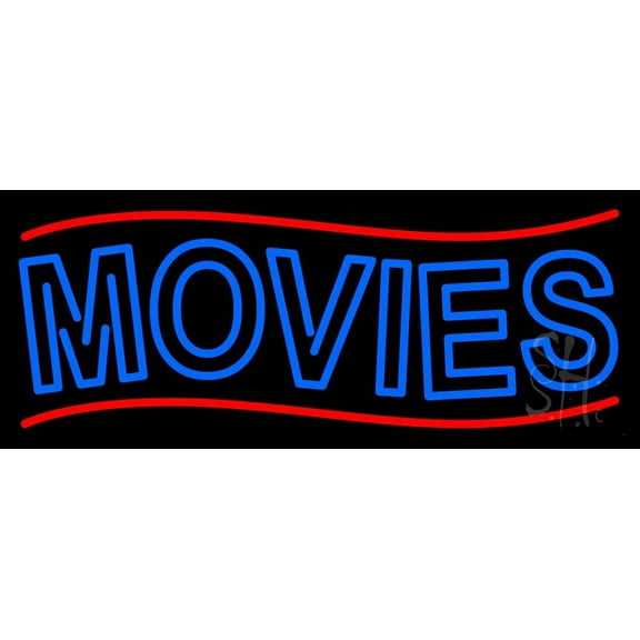 Blue Double Stroke Movies Block LED Neon Sign 13" Tall x 32" Wide - inches Black Square Cut Acrylic Backing, with Dimmer - Premium built indoor Sign for Storefront, Store interior, Café, Cinema.