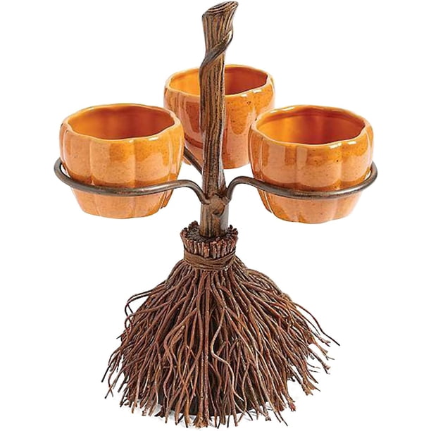 Soporte para cuenco de aperitivos de calabaza de Halloween, cuencos de calabaza de Halloween en escoba, decoración de fiesta de Halloween,3 cuencos,centro de mesa para decoración de mesa de cena
