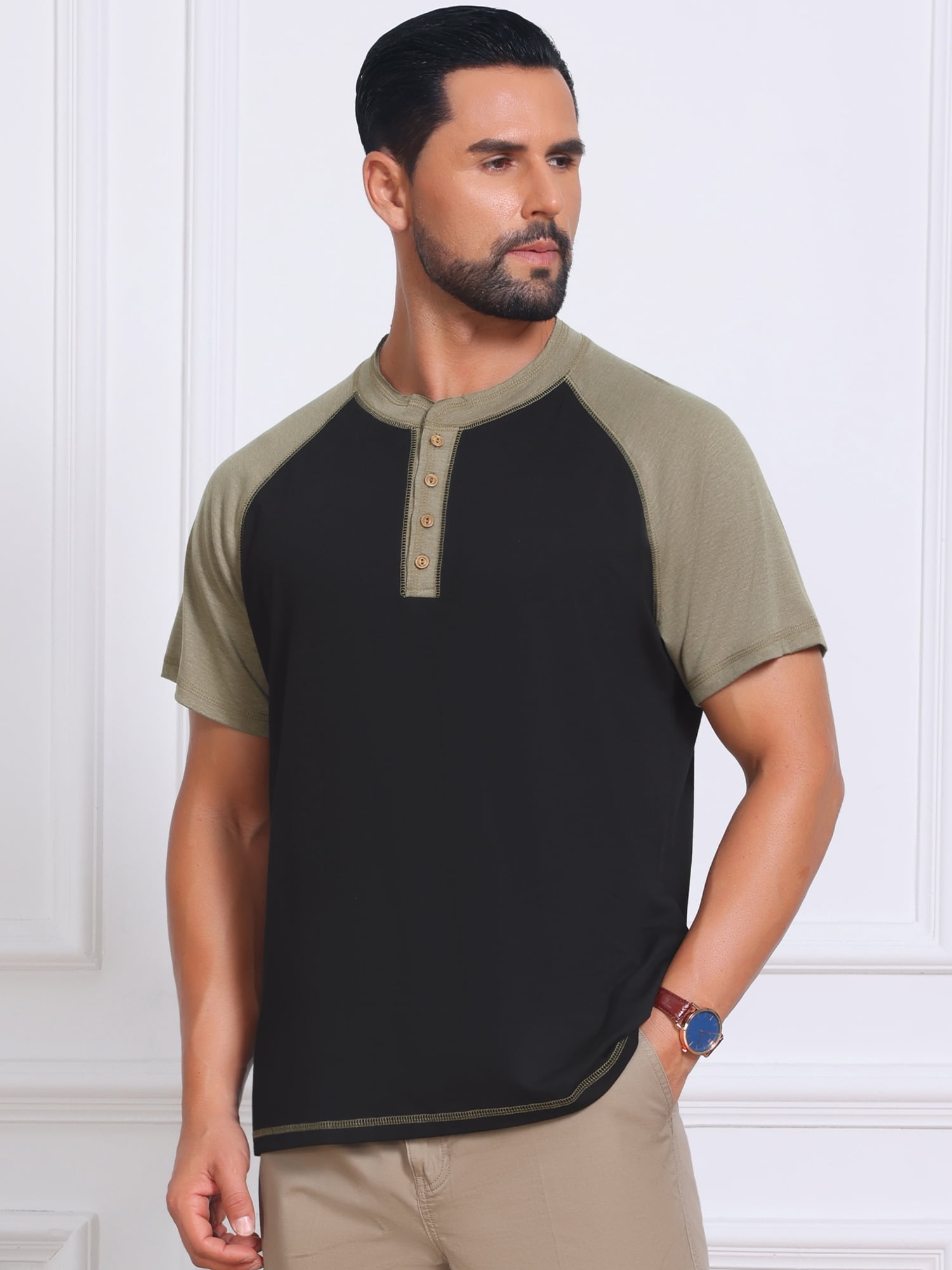DARING DIVA Men's Raglan Henley Retro Short Sleeve Button Down T-Shirt XL Black