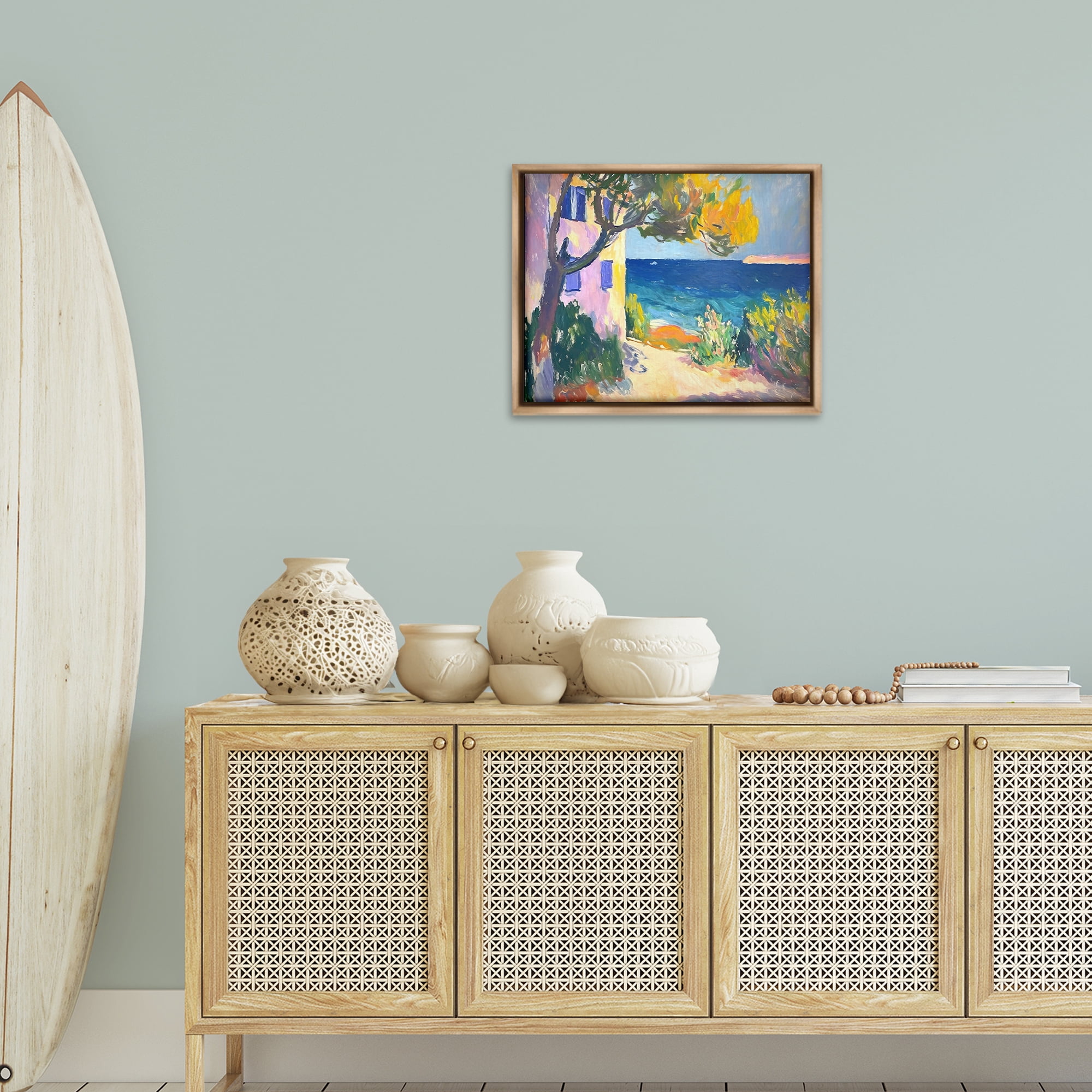 Stupell Industries House On Coastline Coastal Painting Brown Floater Framed Canvas Art Print Wall Art, 21 x 17