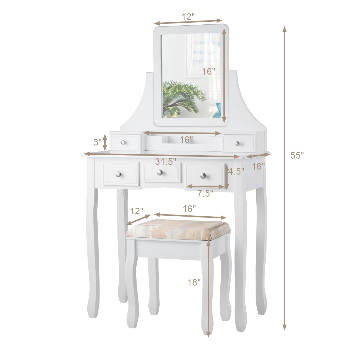 Gymax Vanity Set Makeup Dressing Table & Stool w/5 Drawers White