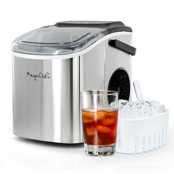 MegaChef 26 Pound Countertop Bullet Ice Maker in Stainless Steel with Basket and Scoop