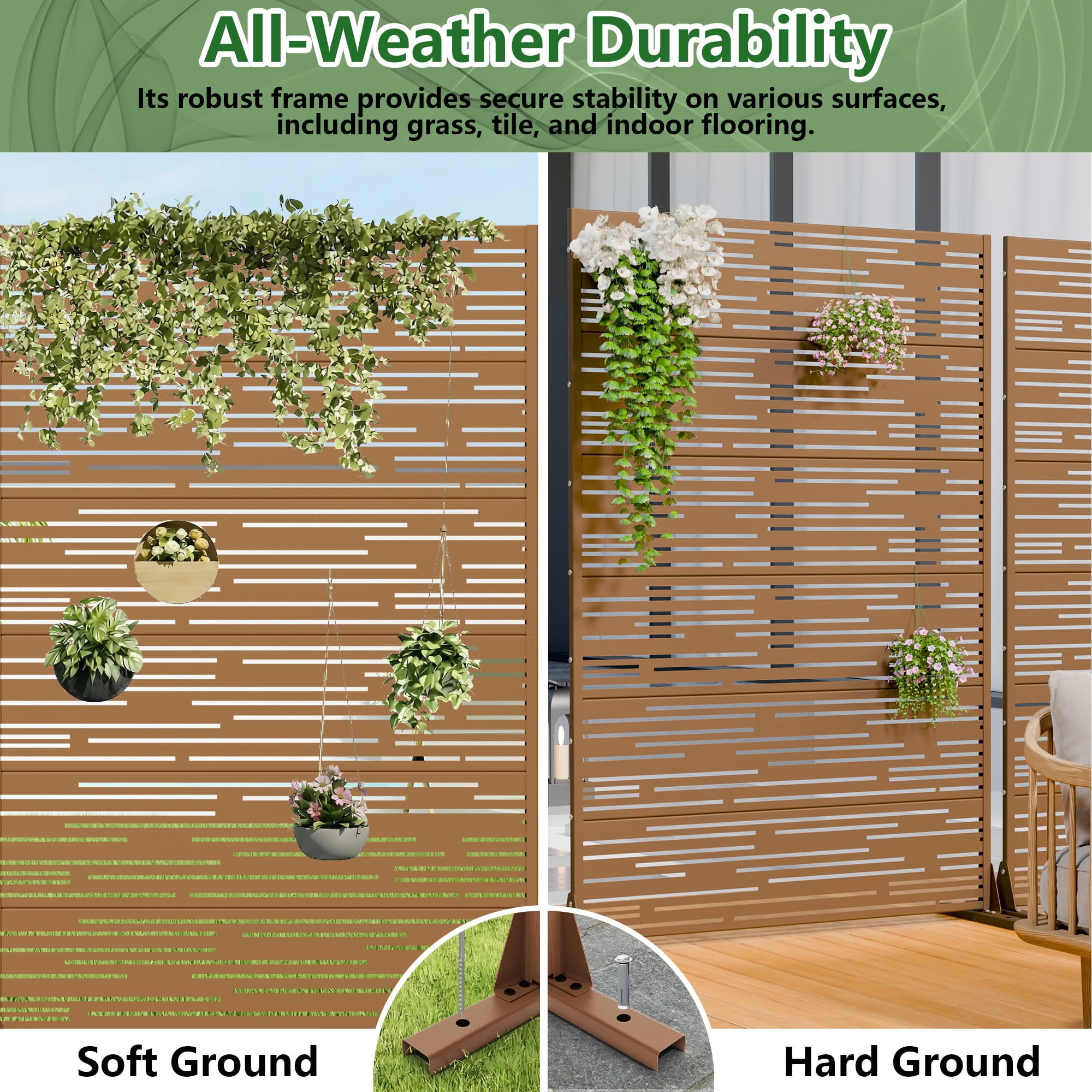 MAYEERTY 2-Piece Outdoor Metal Privacy Screen 6ft × 4ft Brown, 6-Panel Light & Shadow Pattern, Rust-Resistant for Garden