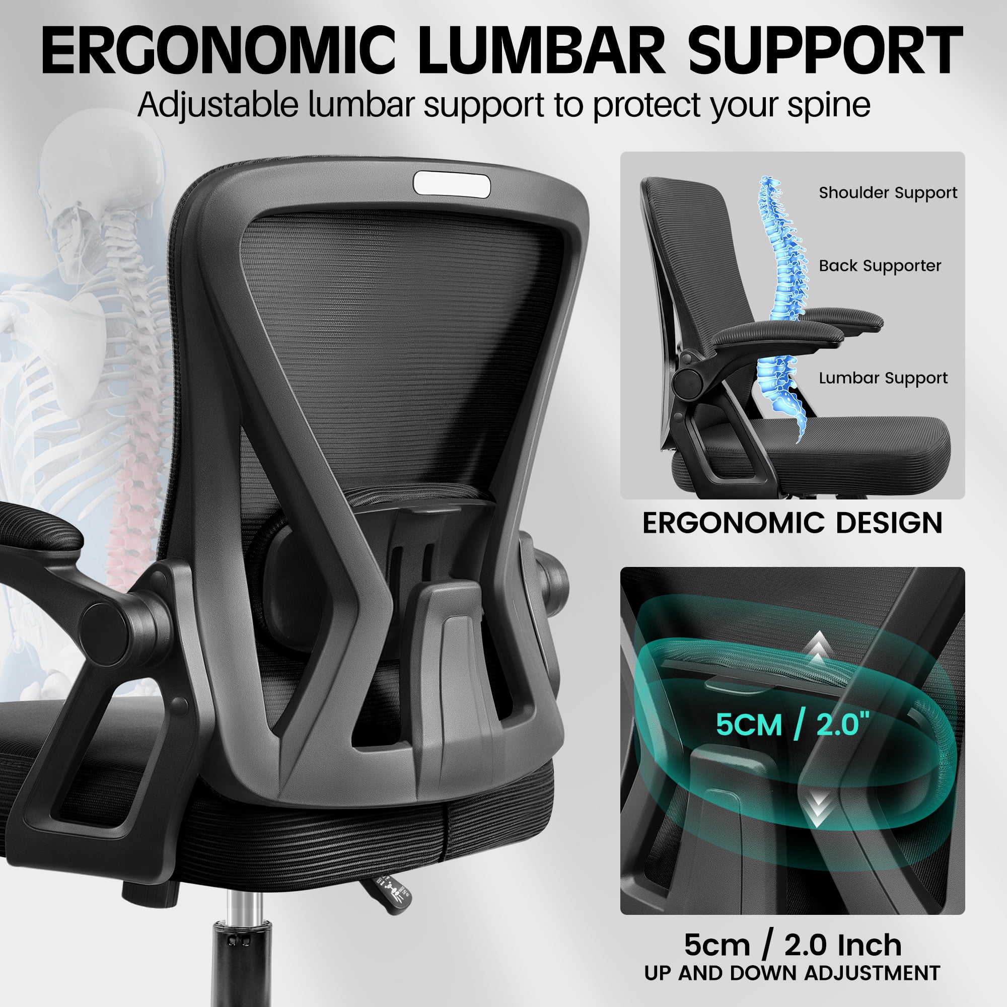 COOLHUT Office Desk Chair, 400LBS Ergonomic Mesh Rolling Work Swivel Task Chairs with Wheels, Comfortable Lumbar Support, Comfy Flip-up Arms for Home, Bedroom, Study, Student, 8-Years Warranty, Black
