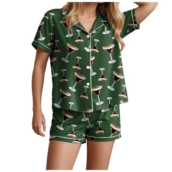 felwors Funny Graphic Pajamas for Women Set Button Down Short Sleeve Top and Shorts Pjs Sets Sleepwear XS-XXL Dark Green, S