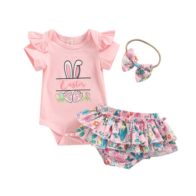 ITFABS Ensemble de Shorts pour Bébé Fille, Col Rond Manches Courtes Lapin Boutonné Combinaison Jupe Multi-Couches avec Bandeau