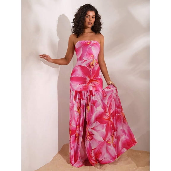 Pink Floral Print Strapless Maxi Dress For Women Elegant Vacation Sundress Bohemian Mermaid Style