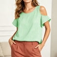 thumbnail image 6 of ClodeEU Women's Cold Shoulder Striped Blouse,Round Neck Short Sleeve T-Shirt for Summer Green,Women's Plus L, 6 of 8