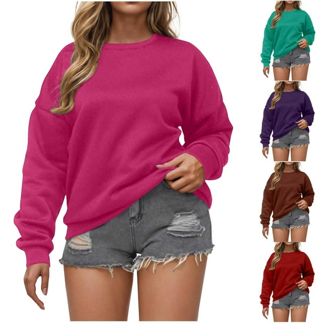 BiZtdJrK Women Sweatshirt Drop Shoulder Long Sleeve Crew Neck Casual Pullover Solid Basic Fall Sweatshirts Purple S