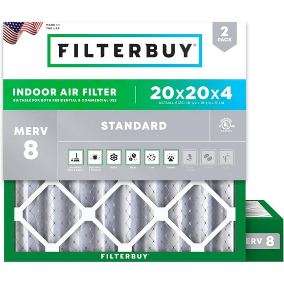 Filterbuy 20x20x4 MERV 8 (MPR 600) Dust Defense, Pleated HVAC AC Furnace Air Filters (2-Pack)
