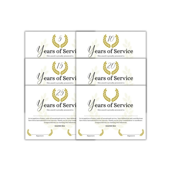 Years of Service Recognition Awards 5, 10, 15, 20, 25 and Left Blank to Write in 30pk 5 of Each Work Community Service Volunteer Certificate Company Recognition