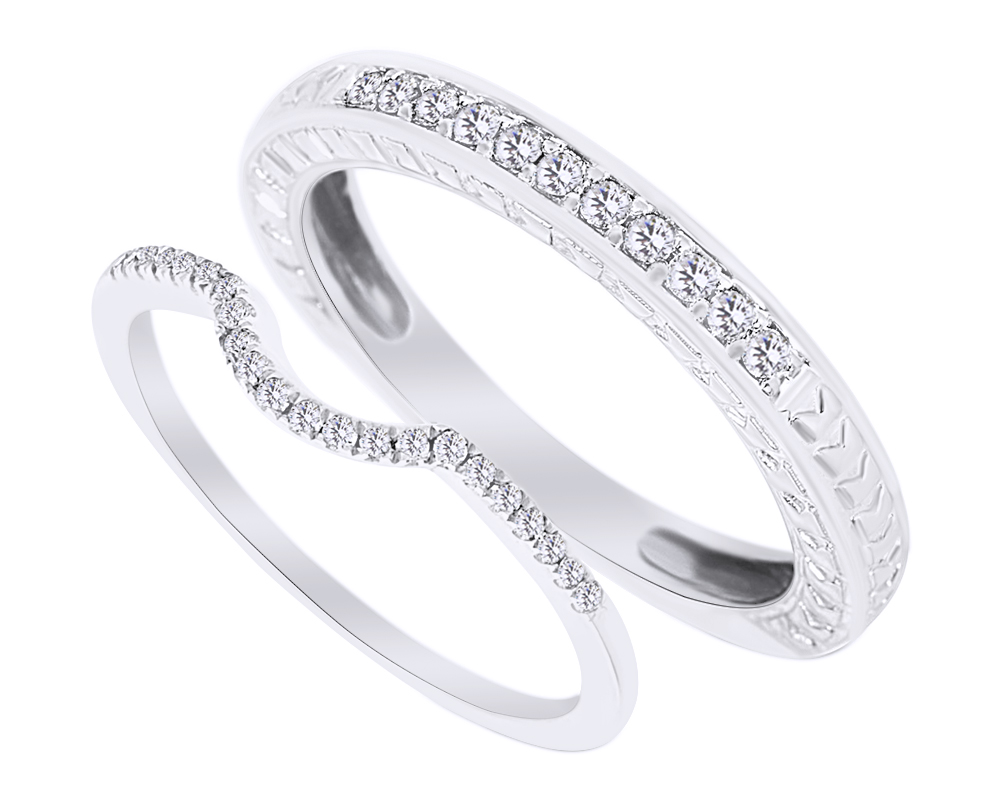 AFFY Round Cut White Natural Diamond His and Hers Wedding Band Set in 14K White Gold (0.33 Cttw)