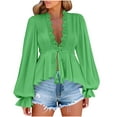thumbnail image 2 of Womens Deep V Neck Tops Ruffled Long Sleeve Floral Print Lace Trim Tie Front Blouses Sexy Casual Lace-up Shirts (2XL, Green|Solid), 2 of 8