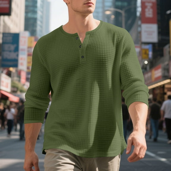 Men's Henley Shirts Casual Long Sleeve Button T-Shirt with Pocket Army Green XXL