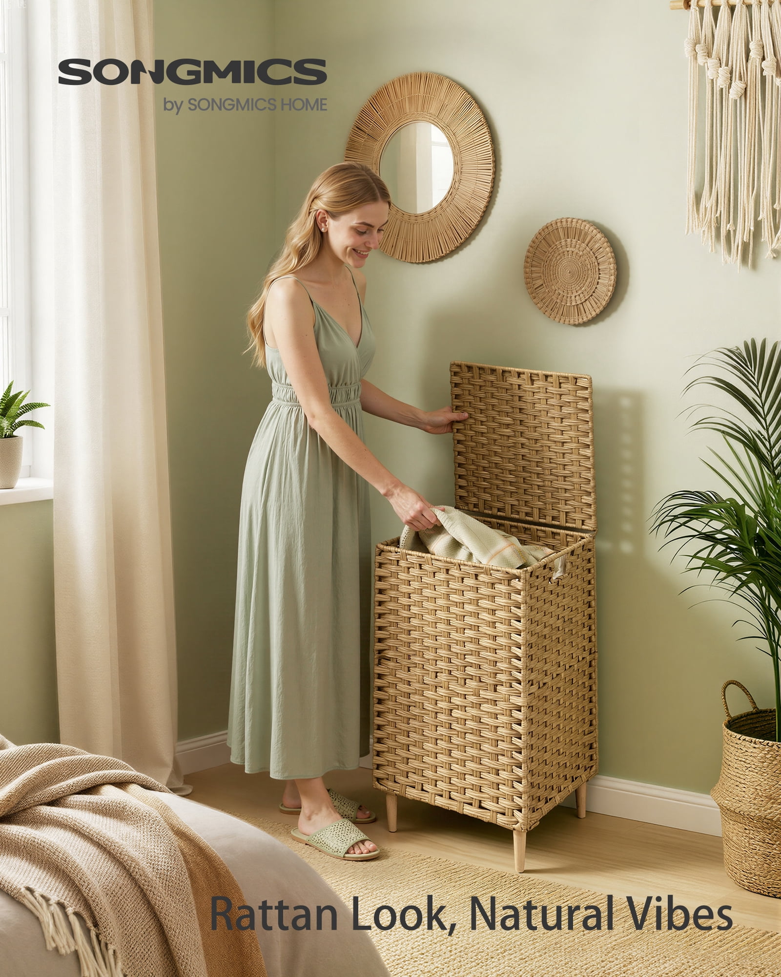 SONGMICS Laundry Hamper with Lid, PE Rattan,with Removable Liner, Storage Basket for Bedroom Living Room, 25 Gallons (95 L), Goose Yellow