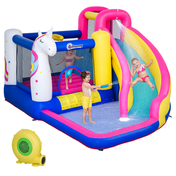 Outsunny Unicorn Bouncy Castle for Kids with Bounce House, Inflatable Water Slide, Ball Pit Pool, Climbing Wall, Basketball Hoop, 450W Inflator Gift for Age 3-8, 12' x 10.5' x 7'