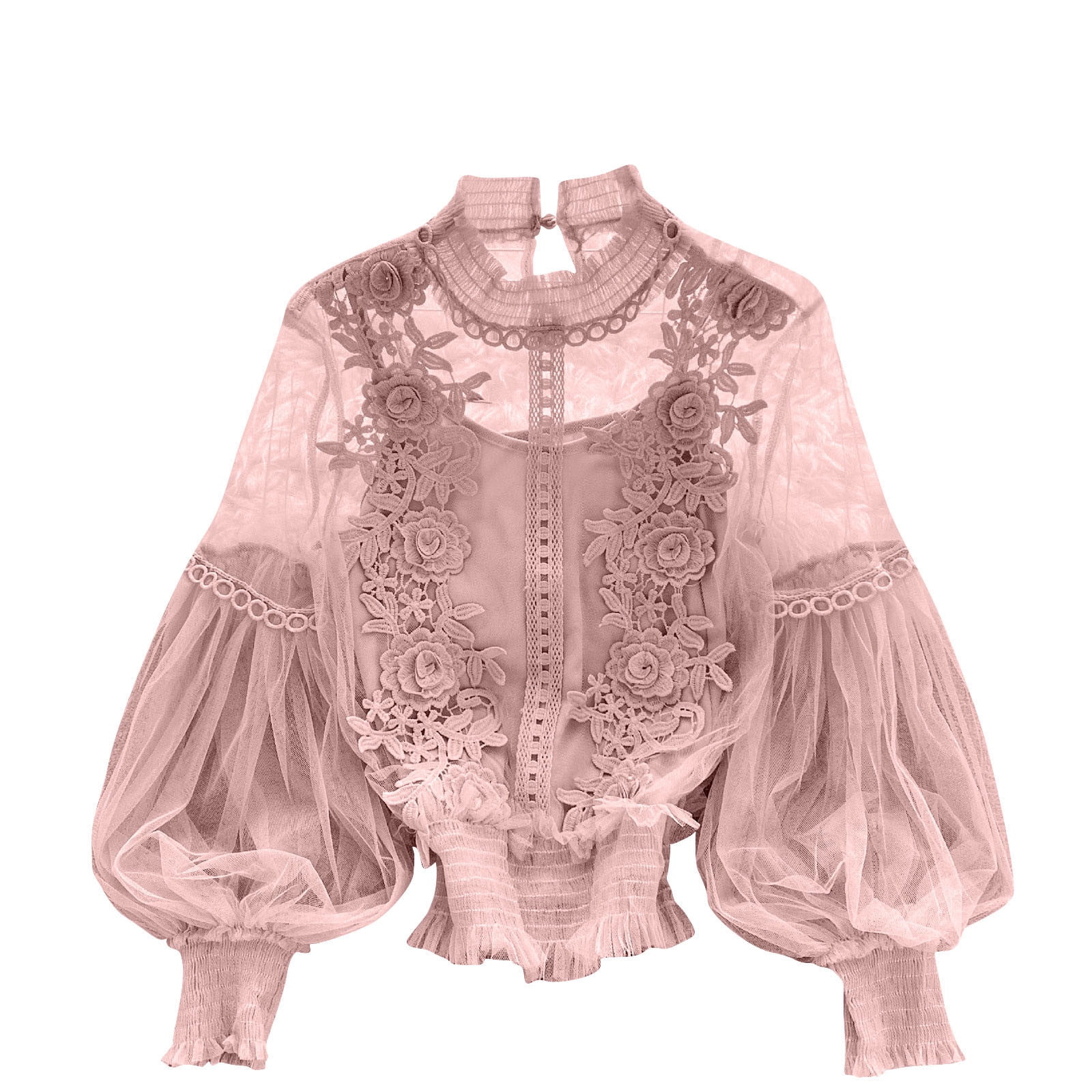 Women Cottagecore 3D Flower Blouse Bell Long Sleeve Sheer Lace