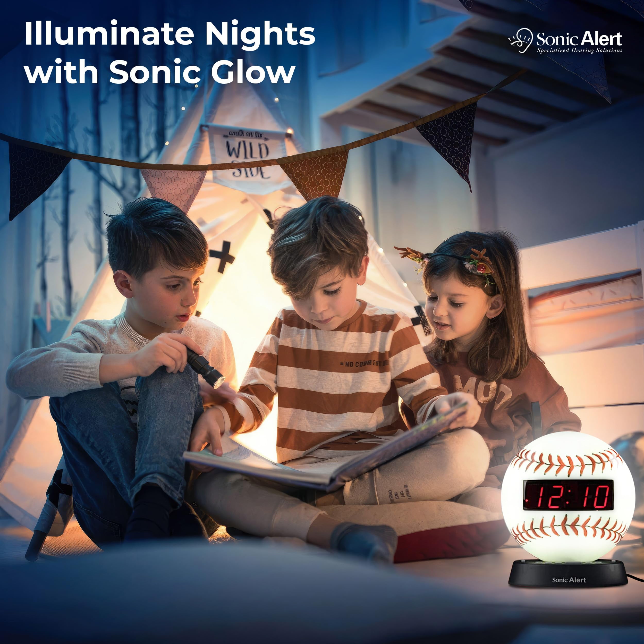 Sonic Alert - Glow Baseball Alarm Clock, Digital Display Alarm Clock for Kids - White