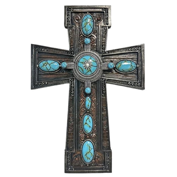 De Leon Collections 14887 Polyresin Wood Cross & Turquoise Oval Dot Stones Wall Cross