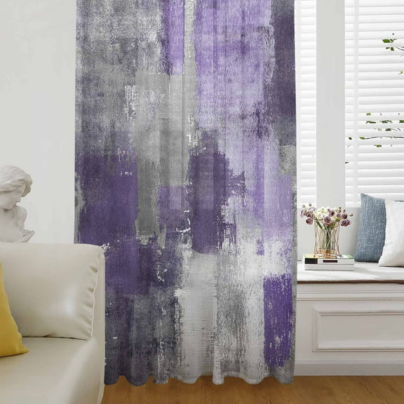 Purple Grey Semi Sheer Curtains Drapes for Living Room, Bedroom, French Doors Window 96 Inches Long, Modern Oil Painted Abstract Art Aesthetics Rod Pocket Chiffon Curtain Drapery Voile Drape Panel
