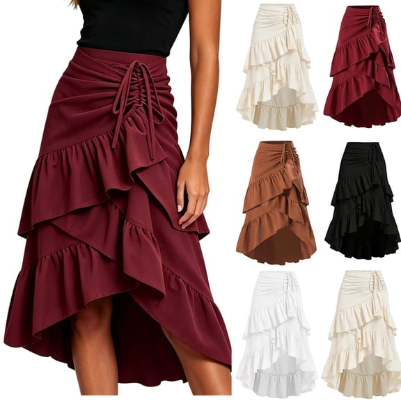Women Drawstring Ruched Midi Skirt, High Low Asymmetrical Tiered Ruffle Wrap Skirt, High Waist Flowy Irregular Hem A Line Skirt White XL(XL)