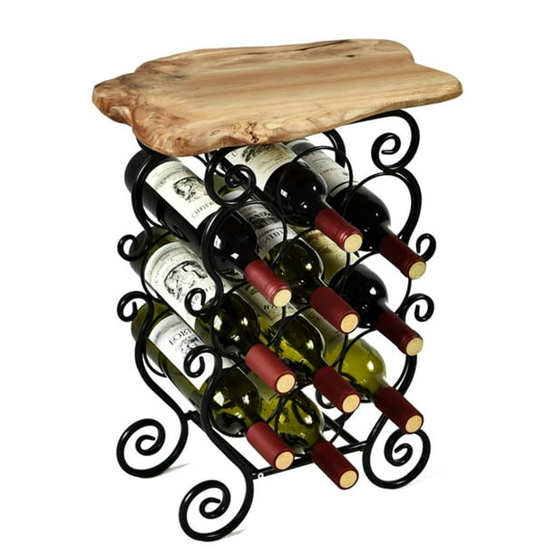 Welland Magen 10 Bottle Wine Rack With Natural Edge Table Top Metal And Wood Free Standing Floor 7992