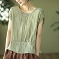 thumbnail image 2 of Women's Linen Tops Pleated Crew Neck Short Sleeve Shirts Casual Loose Lightweight Blouses Solid Color Clothes (XL, Green), 2 of 7