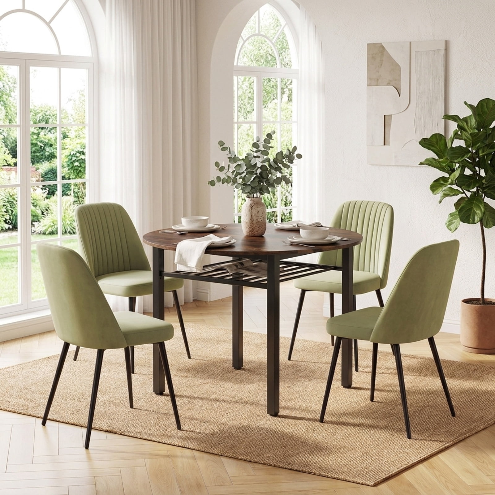 Furnibear 40 Inch Round Kitchen Dining Table with Storage Shelf and Metal Frame