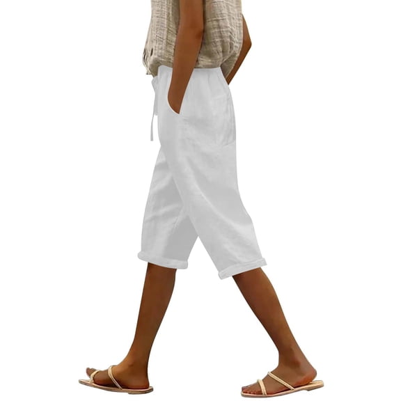 MLQIDK Linen Capri Pants for Women Linen Capri Pants Knee Length High Waisted Trendy Summer Knee Length Shorts Dressy Casual Linen Capris with Pockets White XL