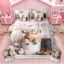 Homewish Kawaii Highland Cow 7-Piece Bedding Comforter Set,Western Cowboy Boots King Bedding Sets,Pink Flower Floral Bed Sheets For Teens,Super Cozy Room Decor Reversible