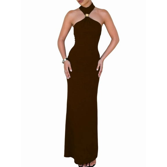 Women Halter High Neck Sleeveless Back Slit Elegant Party Cocktail Wedding Guest Formal Long Dresses Coffee Color L