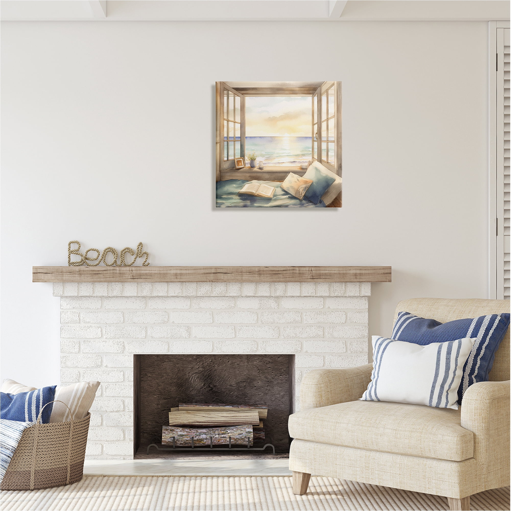 Stupell Industries Beach Window View Landscape Painting Gallery Wrapped Canvas Art Print Wall Art, 24 x 24