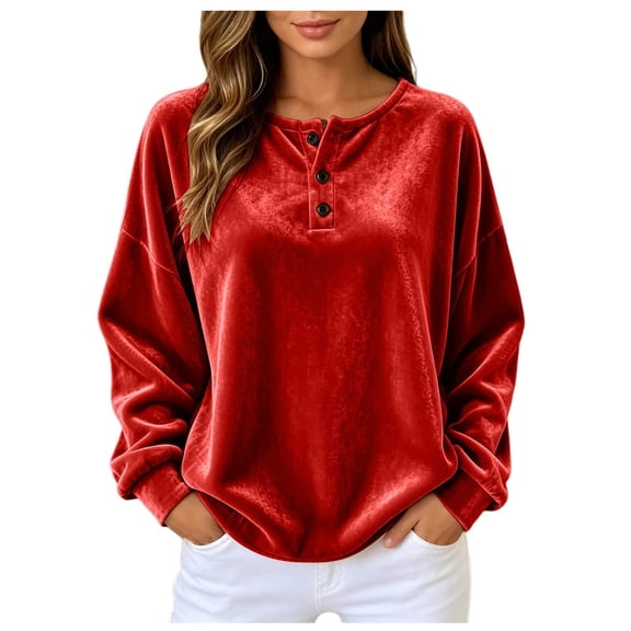 GEWSEY Velvet Tops for Women 2026 Fall Winter Long Sleeve Button Down Shirts Lightweight Casual Comfy Oversized Jackets (Red, M)