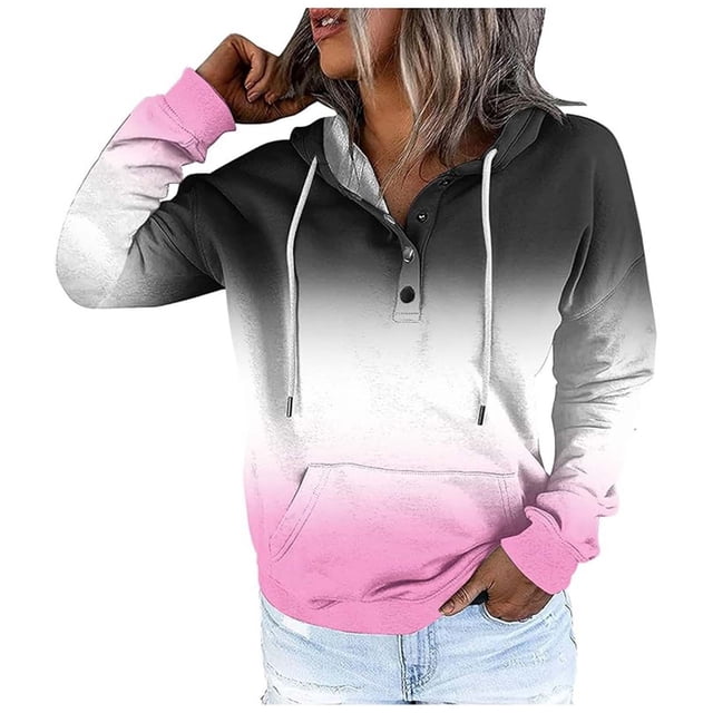 Daznico Women's Street Style Gradually Changing Color Button Collar Pocket Drawstring Casual Sports Hoodie,Size XL